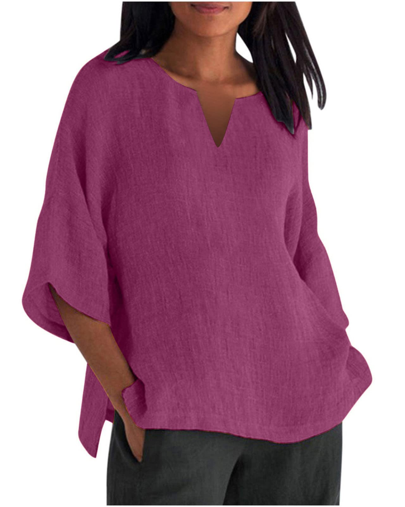 Dámská halenka Shane na léto – lněná bavlna, kulatý výstřih, volné 3/4 rukávy
