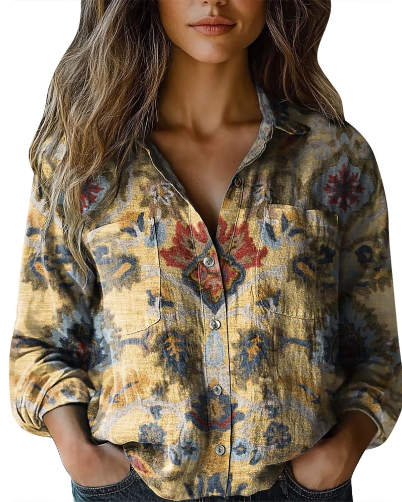 Amelia Blouse Femme Été – Lin Fleuri Col V Boutonnée Manches Longues
