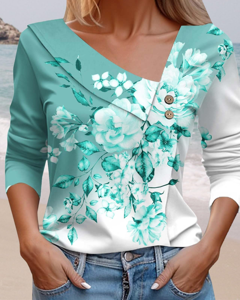 Emily T-Shirt Femme Été – Col V Imprimé Manches Longues Léger