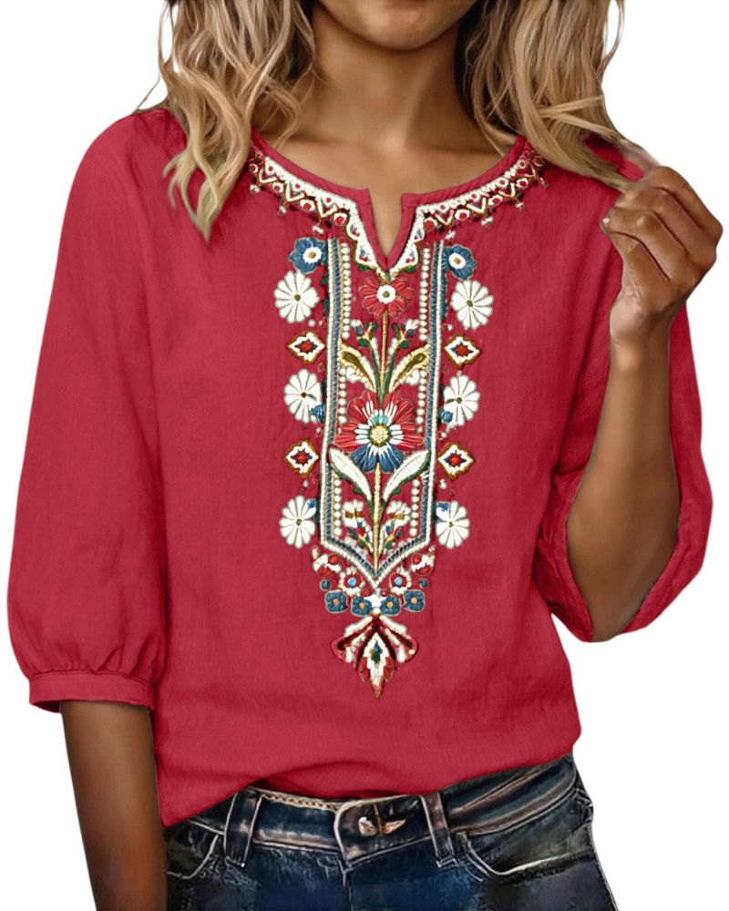 Sarah Blouse Femme Été – Lin Coton Broderie Florale Col V