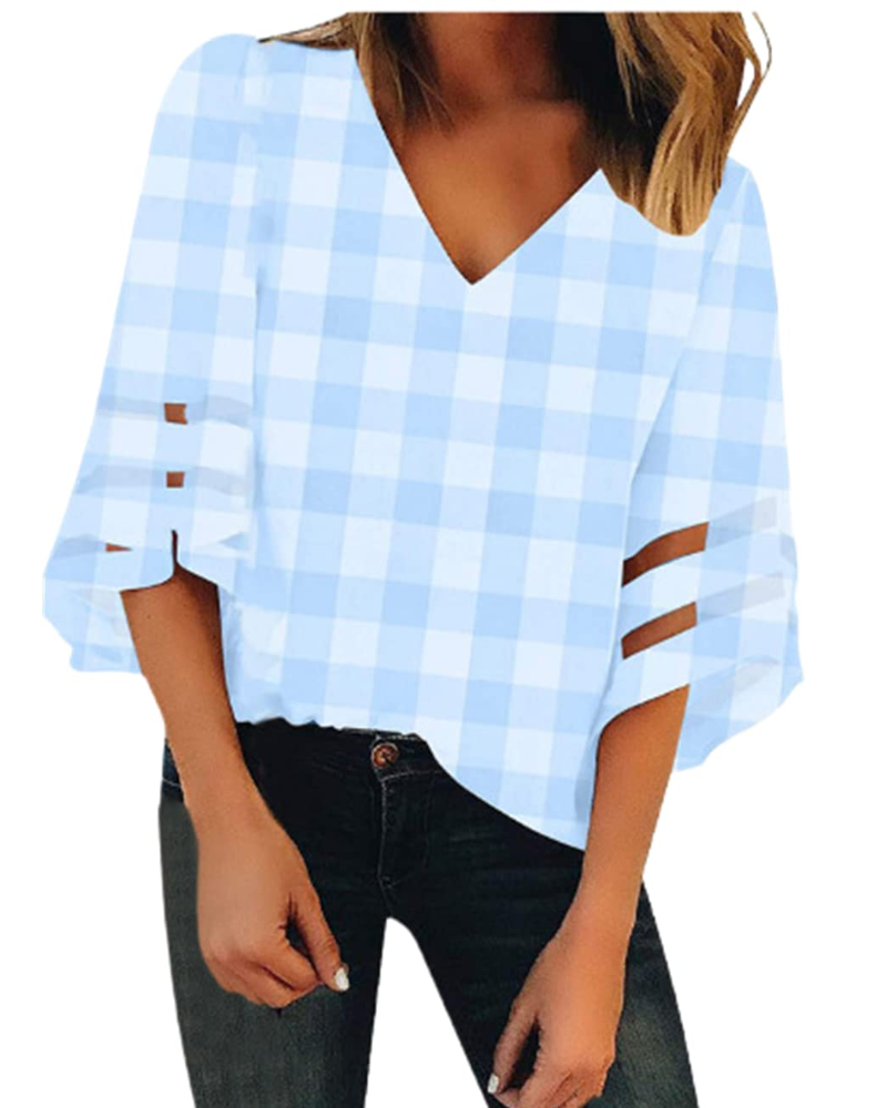 Ghia Damen Sommerbluse – V-Ausschnitt, Glockenärmel 3/4, Eleganter Strick
