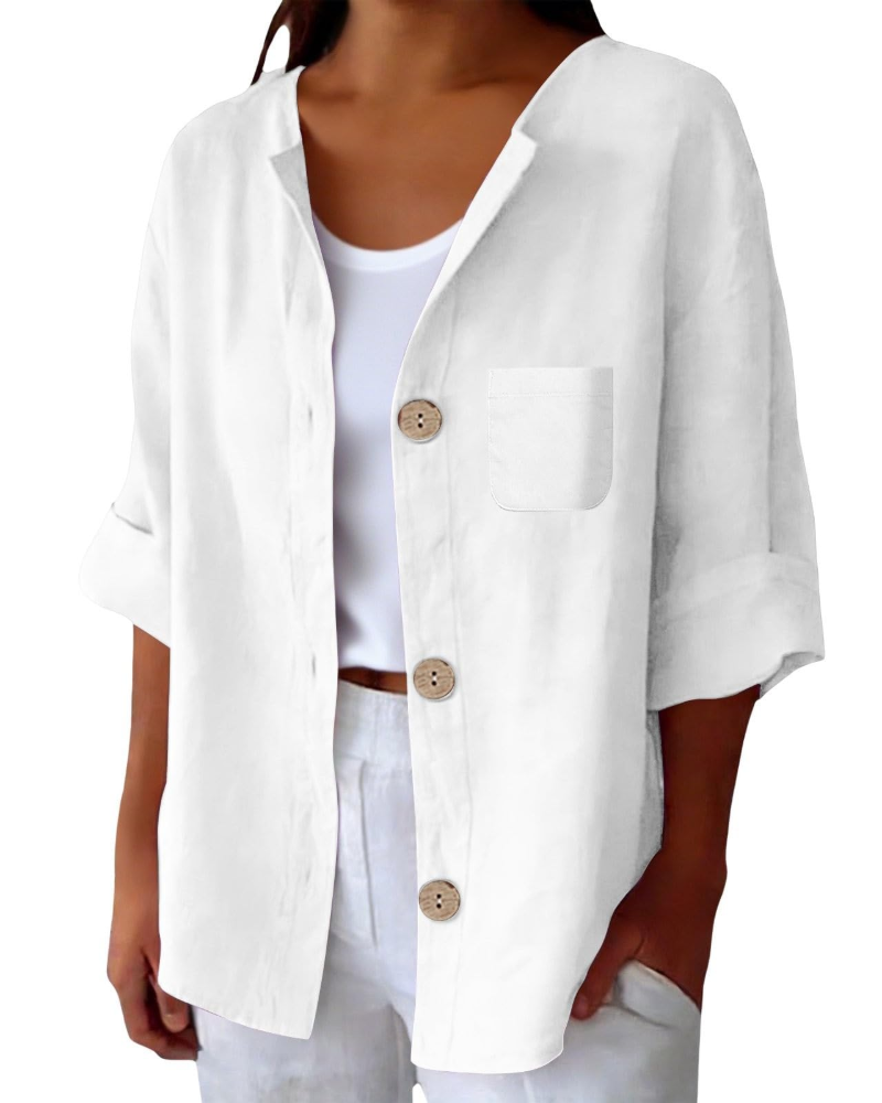 Claire Blouse Femme – Lin Col Rond Manches 3/4 Boutonnée & Poche