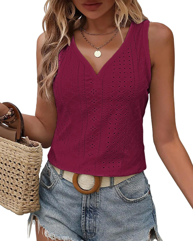 Claire Dames Topje met Borduursel – Mouwloos V-hals Elegant Geperforeerd voor de Zomer