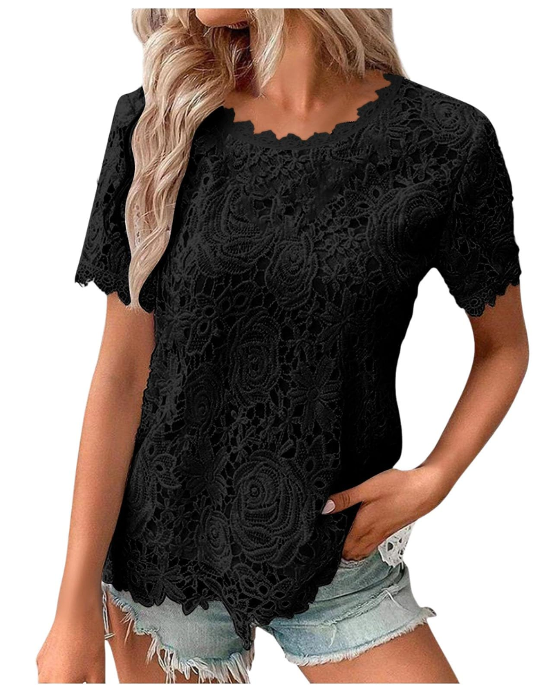 Sophie Blouse Femme Été – Dentelle Col Rond Manches Volantées