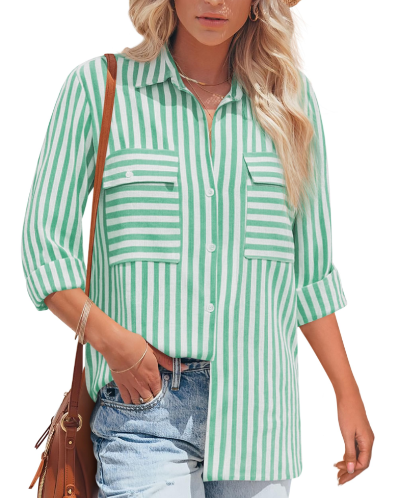 Mila Blouse Femme – Rayée Coton Col V Boutonnée Manches Longues