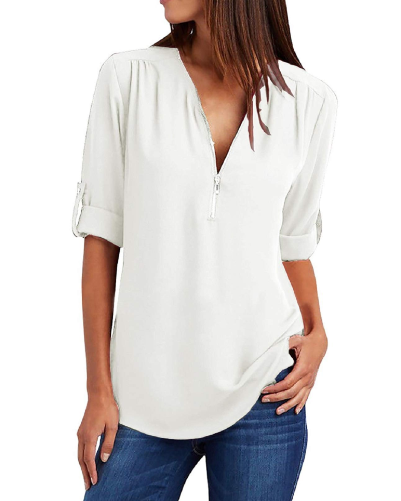 Sophil Women's Blouse – V-Neck Zip with Adjustable Sleeves Chiffon