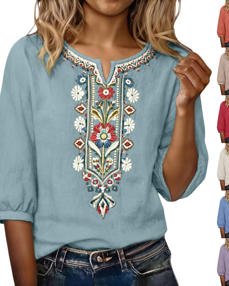Sarah Blouse Femme Été – Lin Coton Broderie Florale Col V