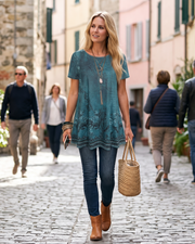 Belissa Haut Fleuri Femme – Blouse Col Rond à Manches Lanternes Légère