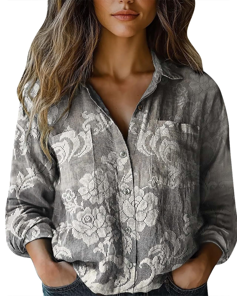 Amelia Blouse Femme Été – Lin Fleuri Col V Boutonnée Manches Longues