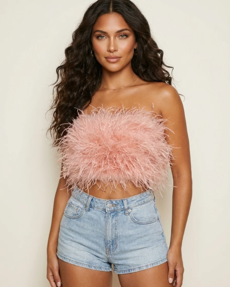 Calista női top – Pánt nélküli tollas bandeau top, elegáns szabás estélyekre