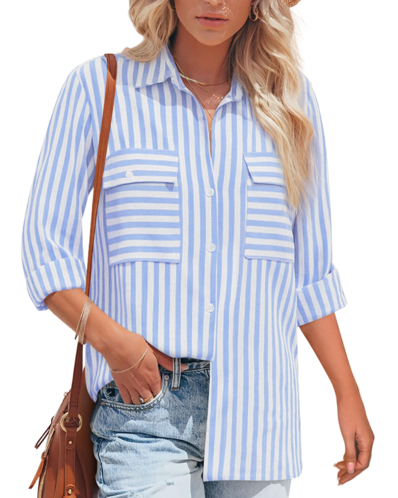 Mila Blouse Femme – Rayée Coton Col V Boutonnée Manches Longues