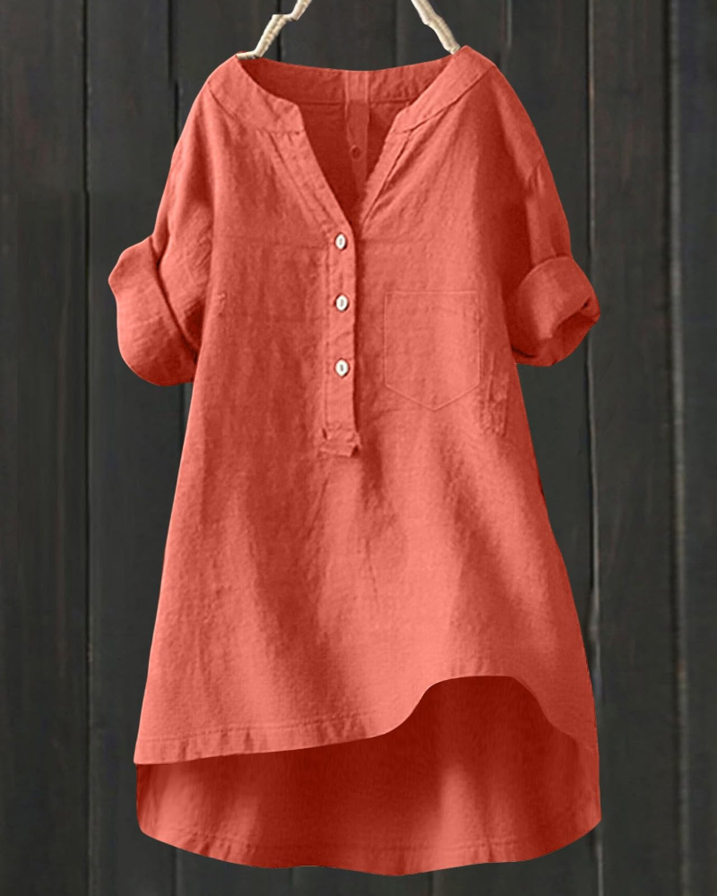 Esla Blouse Femme Été – Lin Coton Col V Boutonnée Grande Taille