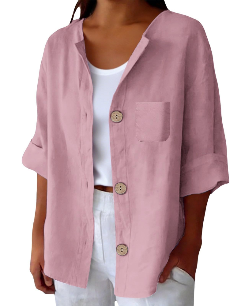 Claire Blouse Femme – Lin Col Rond Manches 3/4 Boutonnée & Poche