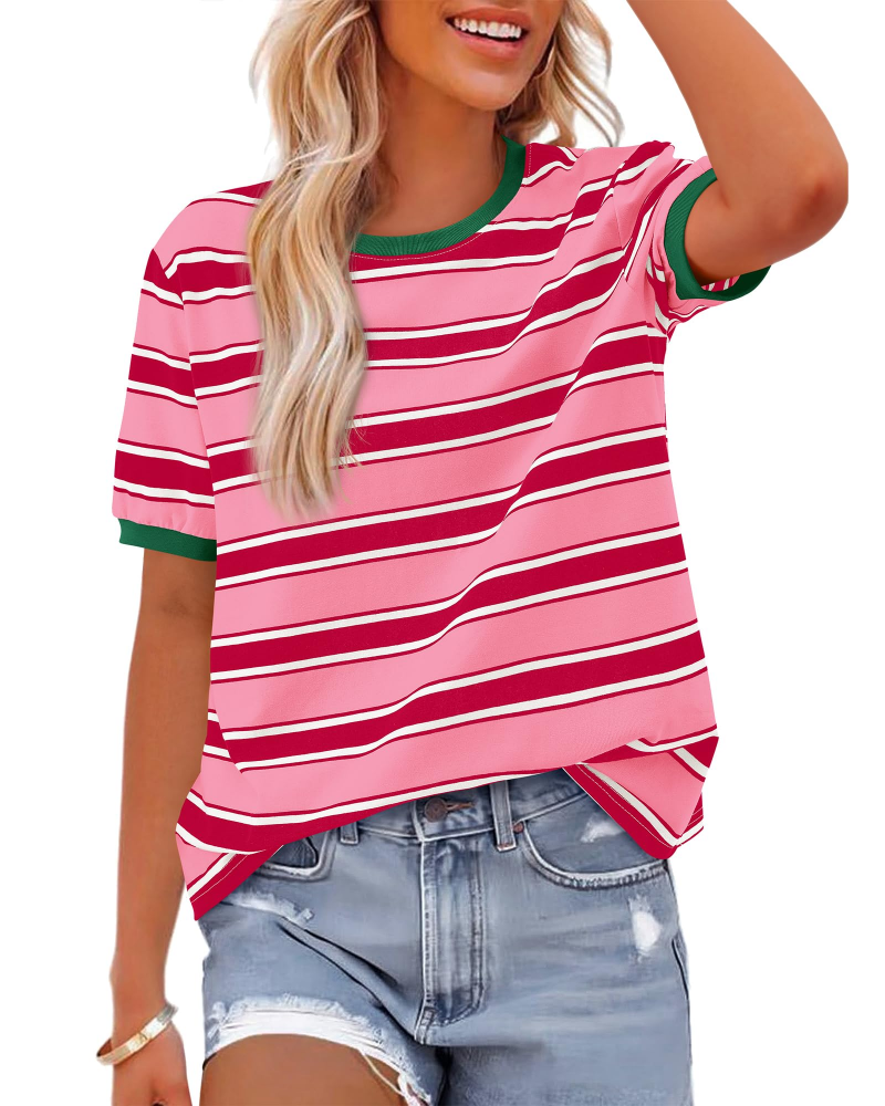 T-shirt Donna Aurora a Righe – Maglia Casual a Maniche Corte con Collo Rotondo e Color Block