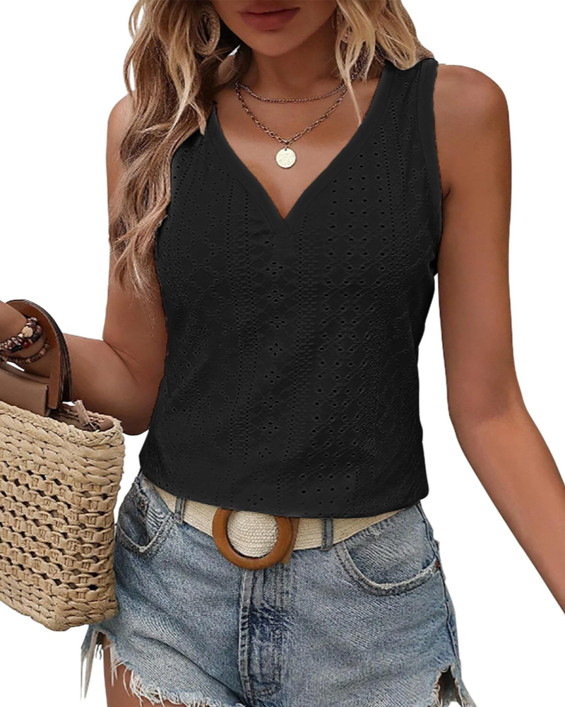 Claire Dames Topje met Borduursel – Mouwloos V-hals Elegant Geperforeerd voor de Zomer
