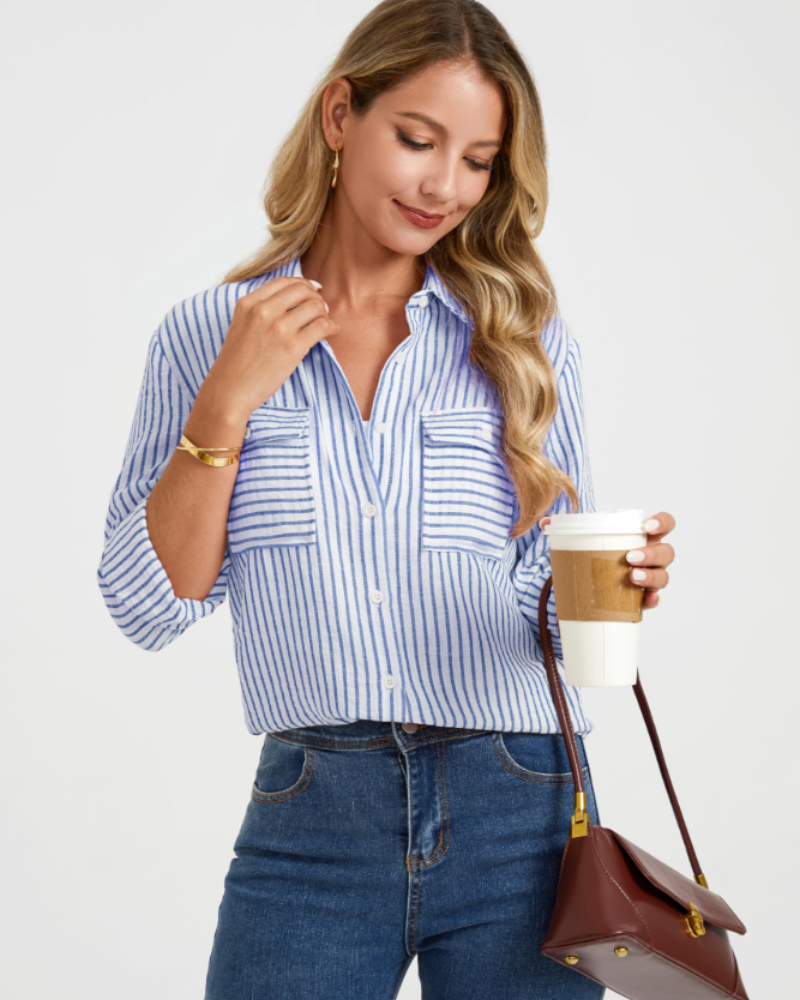 Nora Chemise Femme – Lin Coton Rayée Col V Manches Longues & Poches