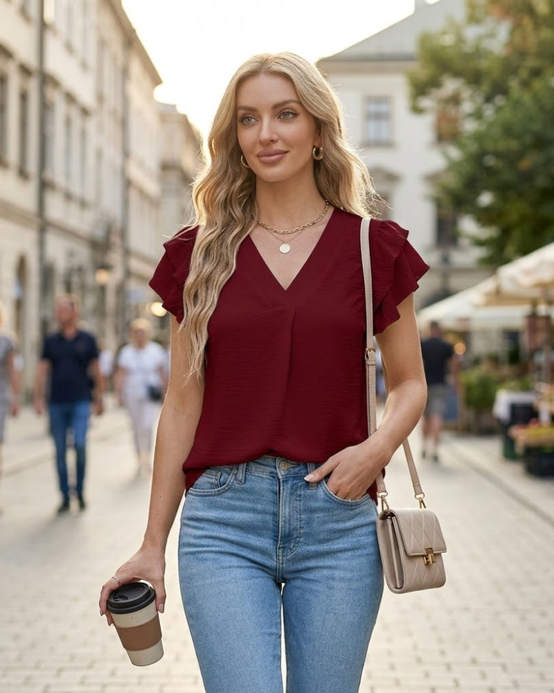 Dámska blúzka Camille – elegantný top s vysokým golierom, volánmi, krátkymi rukávmi, štýlový letný model