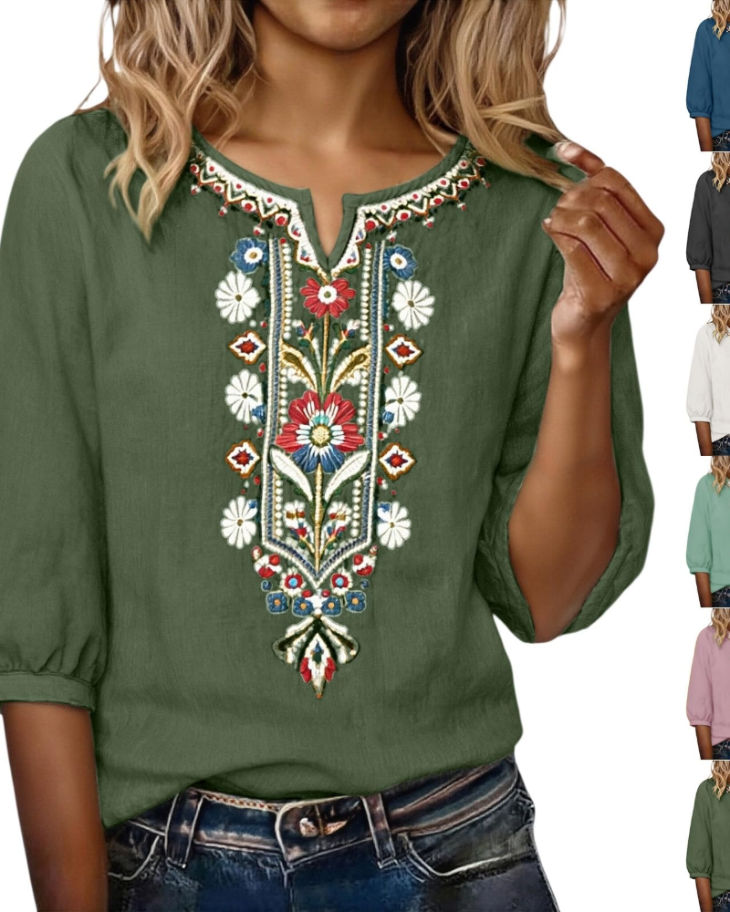 Sarah Blouse Femme Été – Lin Coton Broderie Florale Col V