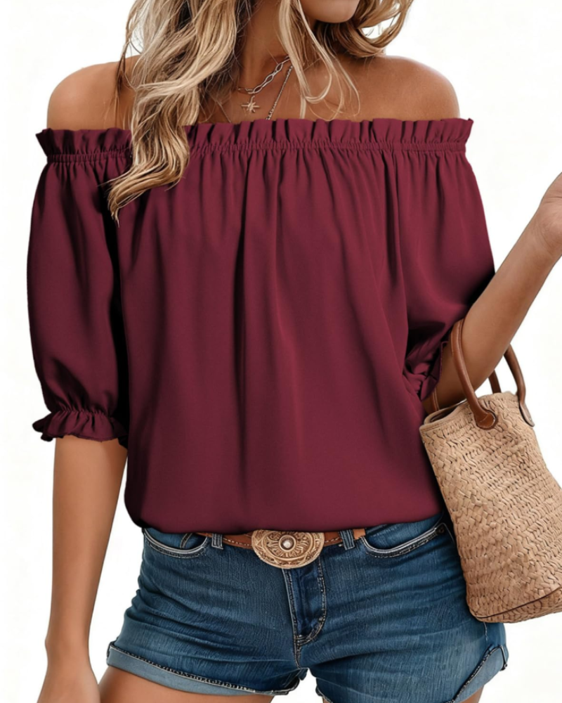 Sophia Bluse til kvinder med bare skuldre – elegant top med puffede ærmer til sommeren