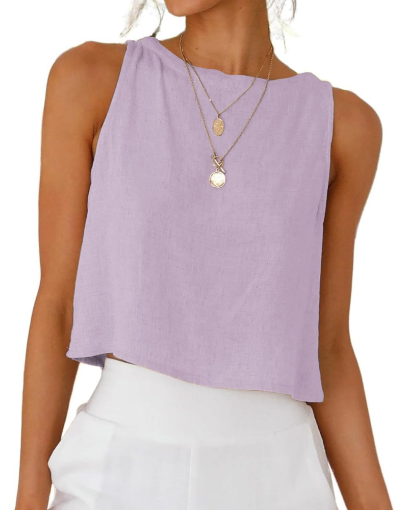 Sienna Top Femme en Lin – Blouse Courte Sans Manches avec Boutons Dos Élégants