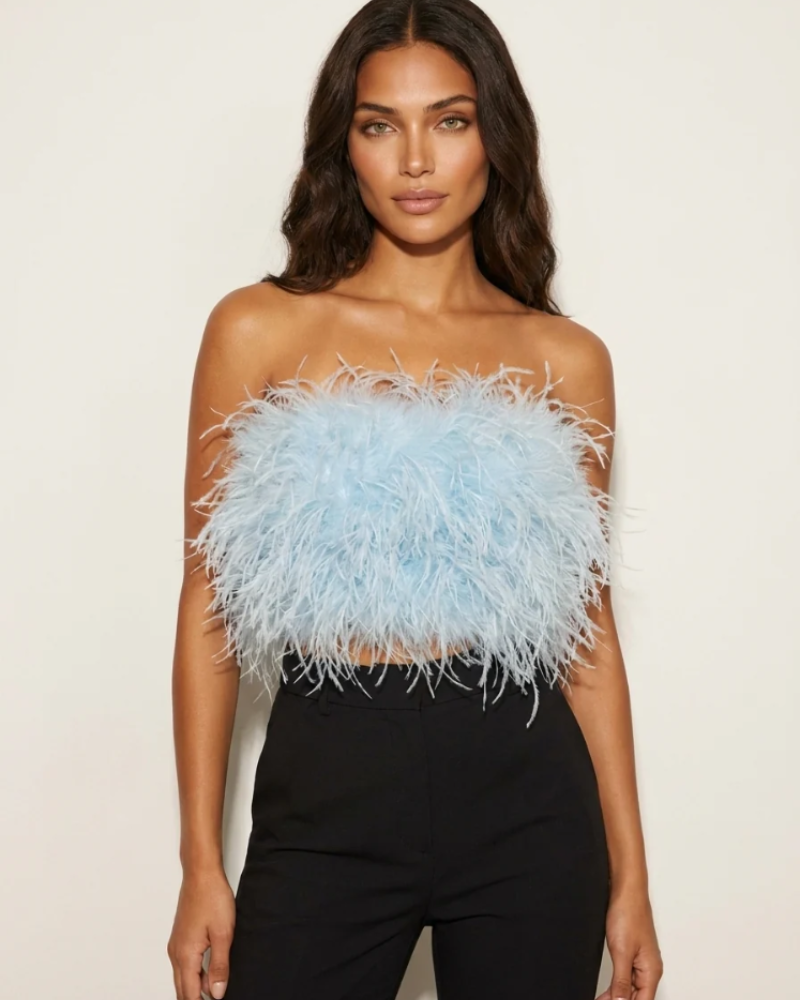 Calista női top – Pánt nélküli tollas bandeau top, elegáns szabás estélyekre