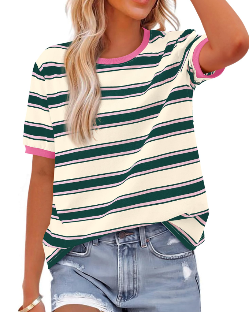 T-shirt Donna Aurora a Righe – Maglia Casual a Maniche Corte con Collo Rotondo e Color Block