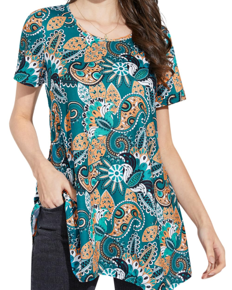 Luna Tunique Femme Été – Florale Paisley Col Rond Manches Courtes