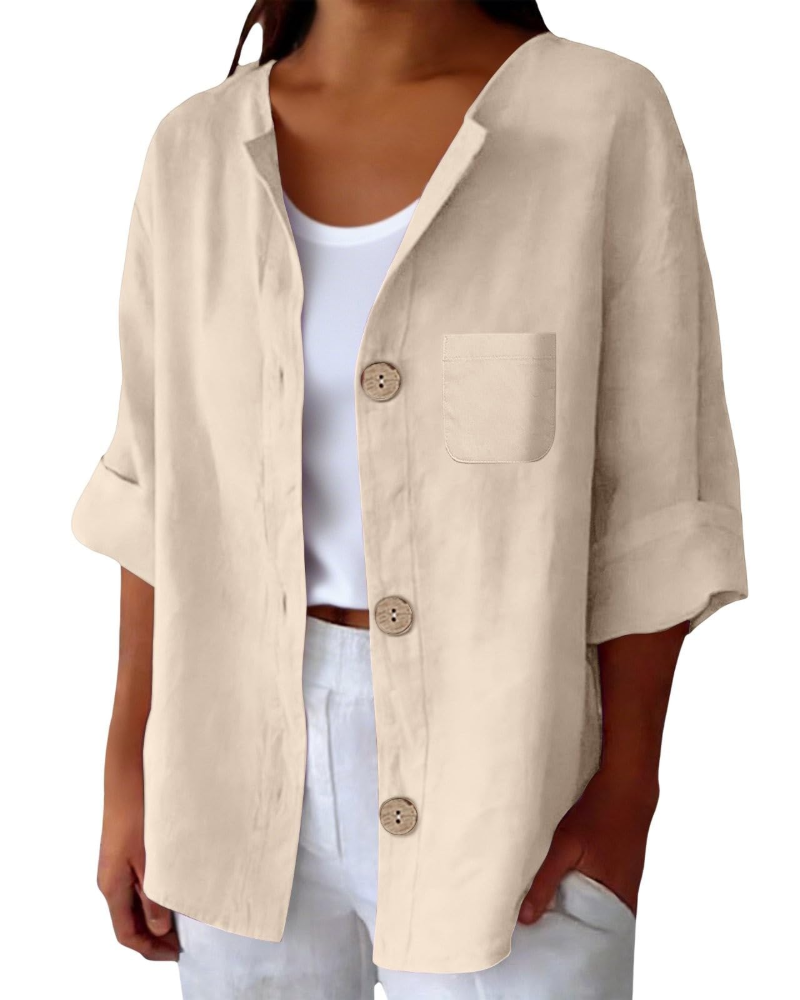 Claire Blouse Femme – Lin Col Rond Manches 3/4 Boutonnée & Poche