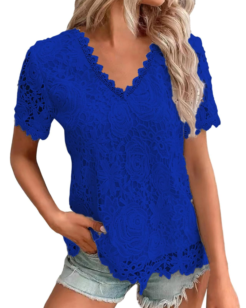 Sophie Blouse Femme Été – Dentelle Col Rond Manches Volantées
