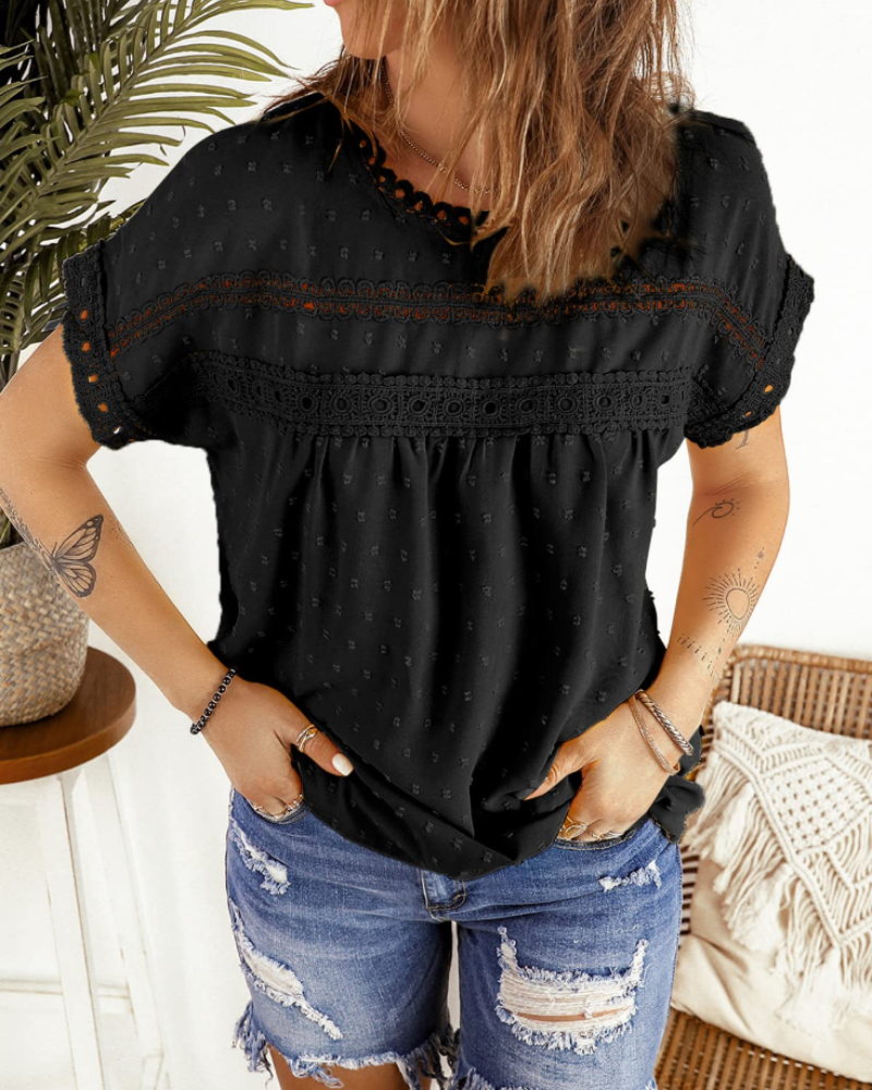 Chloe Blouse Femme Été – Dentelle Col Rond Coupe Ample Élégante