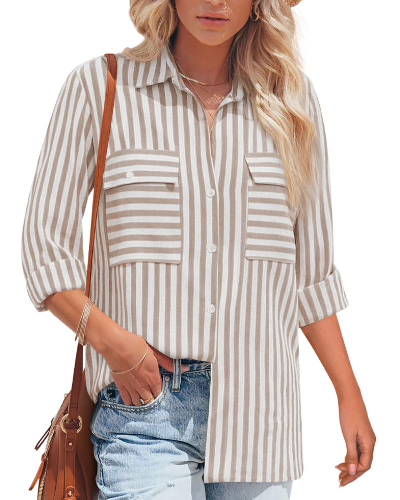 Mila Blouse Femme – Rayée Coton Col V Boutonnée Manches Longues
