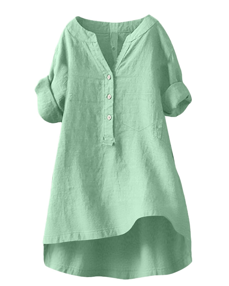 Esla Blouse Femme Été – Lin Coton Col V Boutonnée Grande Taille