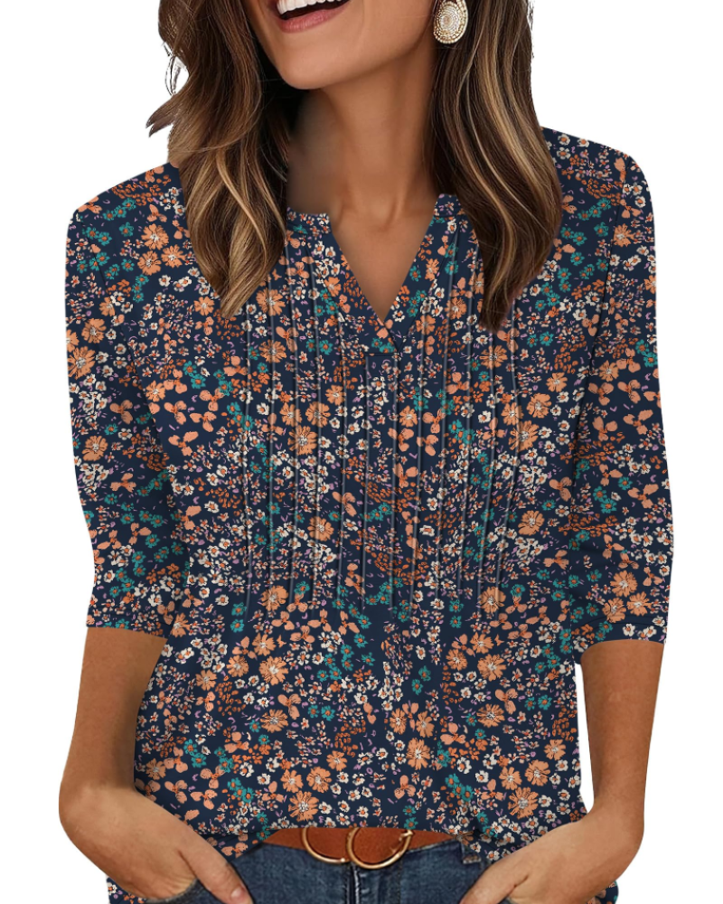Camille Chemisier Femme Col V – Blouse Plissée à Manches 3/4 Élégante