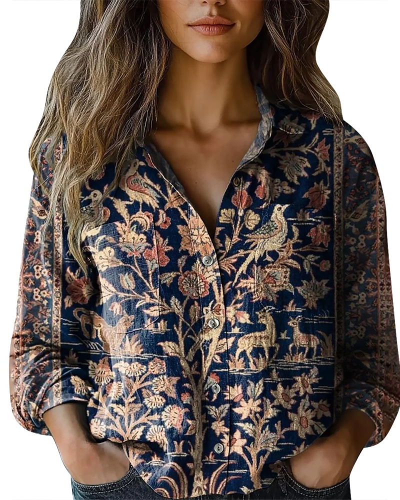 Amelia Blouse Femme Été – Lin Fleuri Col V Boutonnée Manches Longues