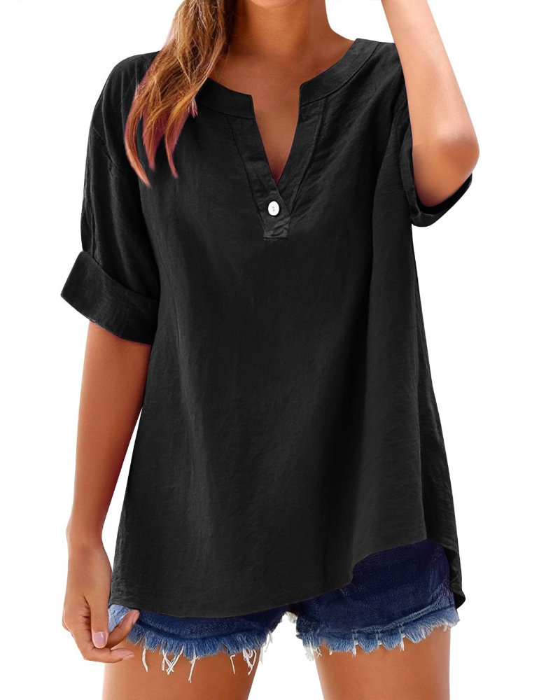 Emma Bluse Damen Sommer – Leinen Baumwolle V-Ausschnitt Oversize mit Knöpfen