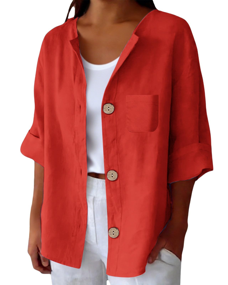 Claire Blouse Femme – Lin Col Rond Manches 3/4 Boutonnée & Poche
