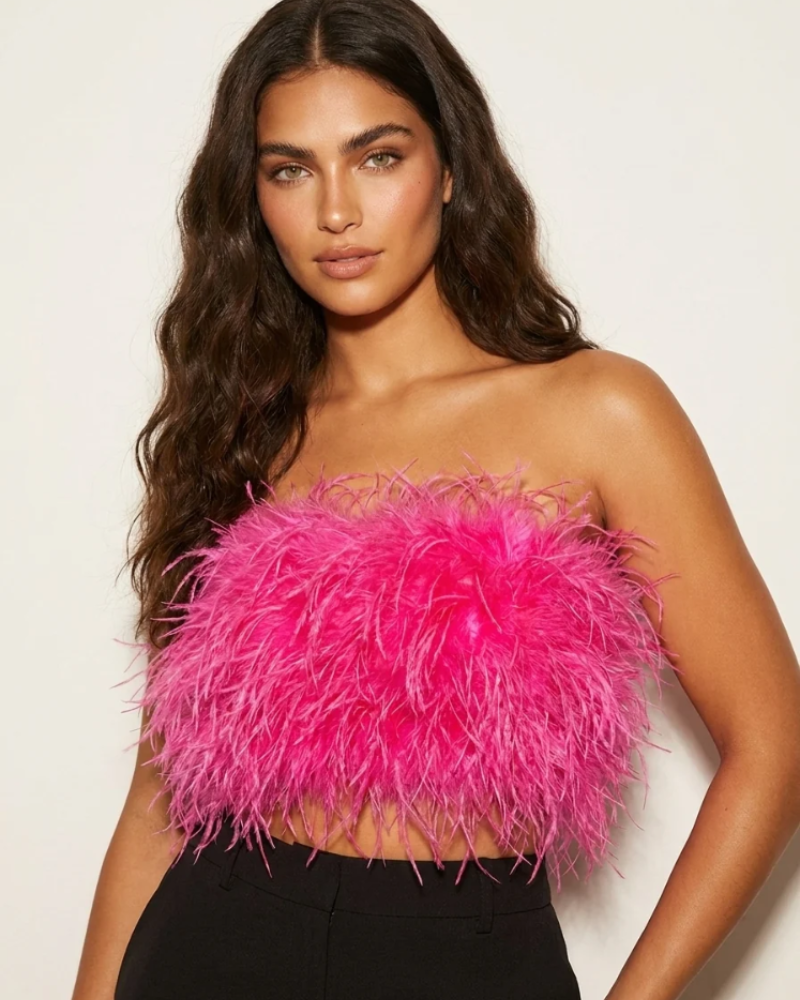 Calista női top – Pánt nélküli tollas bandeau top, elegáns szabás estélyekre