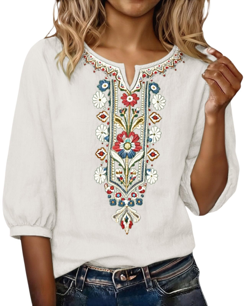 Sarah Blouse Femme Été – Lin Coton Broderie Florale Col V