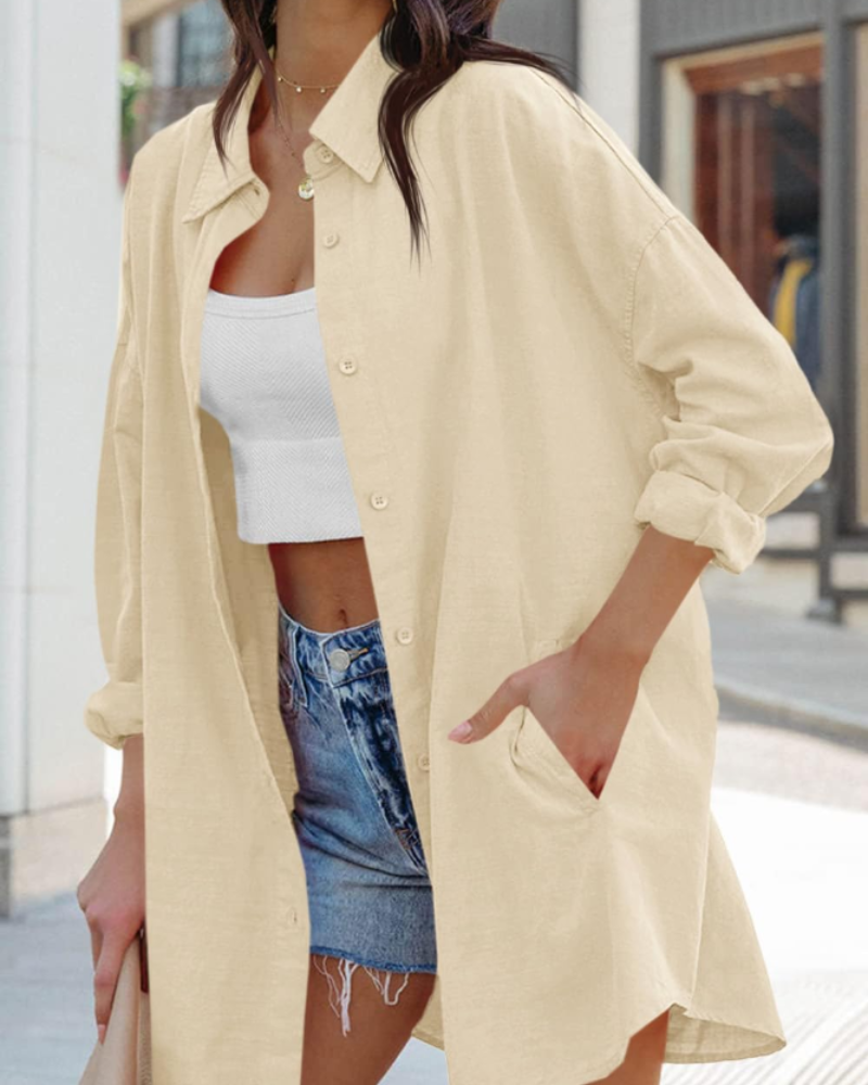 Ella Blouse Femme – Oversize Boutonnée Manches Longues & Poches