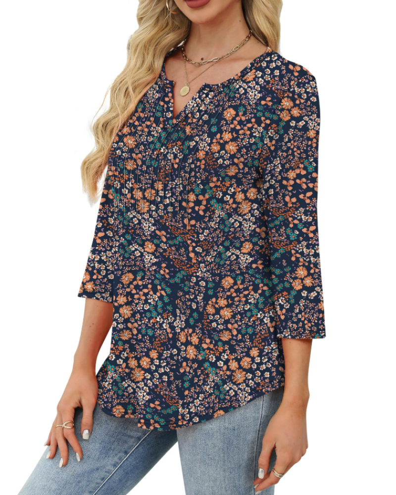 Camille Chemisier Femme Col V – Blouse Plissée à Manches 3/4 Élégante