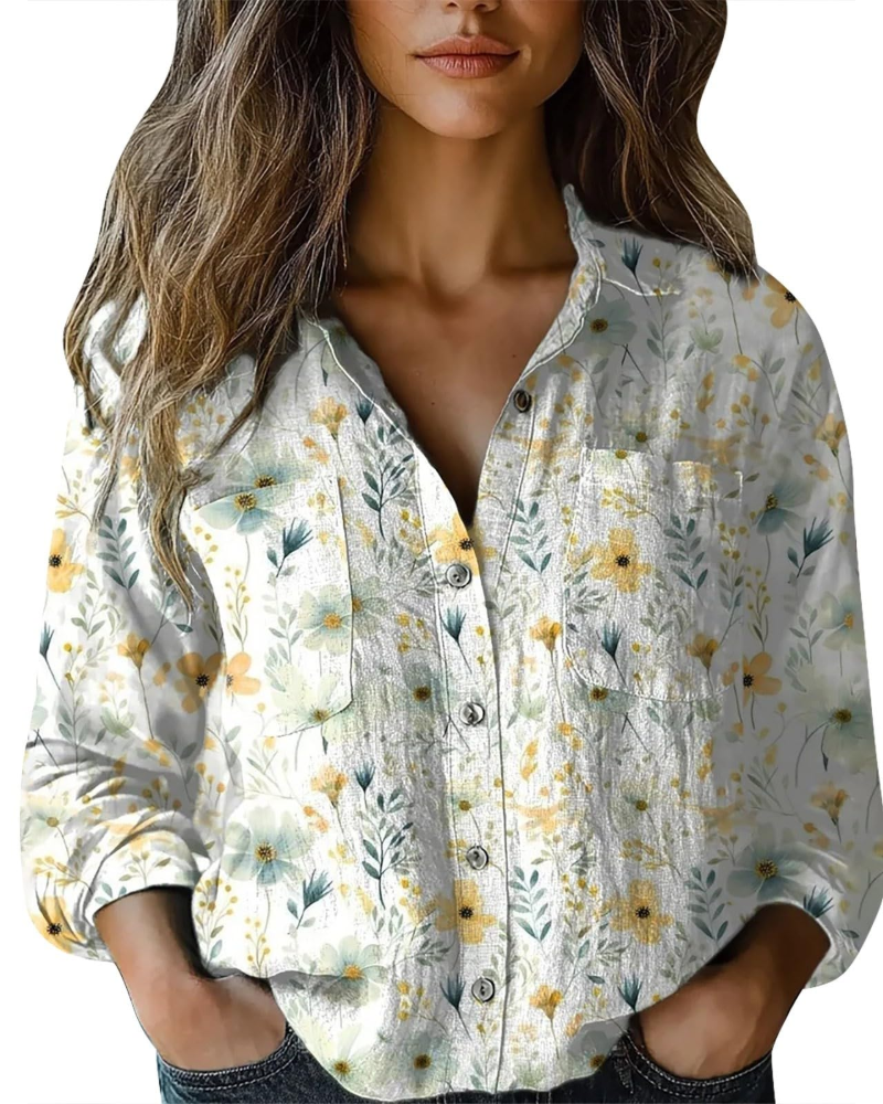 Amelia Blouse Femme Été – Lin Fleuri Col V Boutonnée Manches Longues