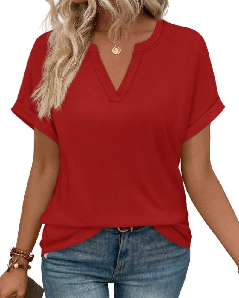 Ivy Bluse Damen V-Ausschnitt – Leichtes Tunika-Oberteil mit kurzen Ärmeln und eleganten Umschlägen