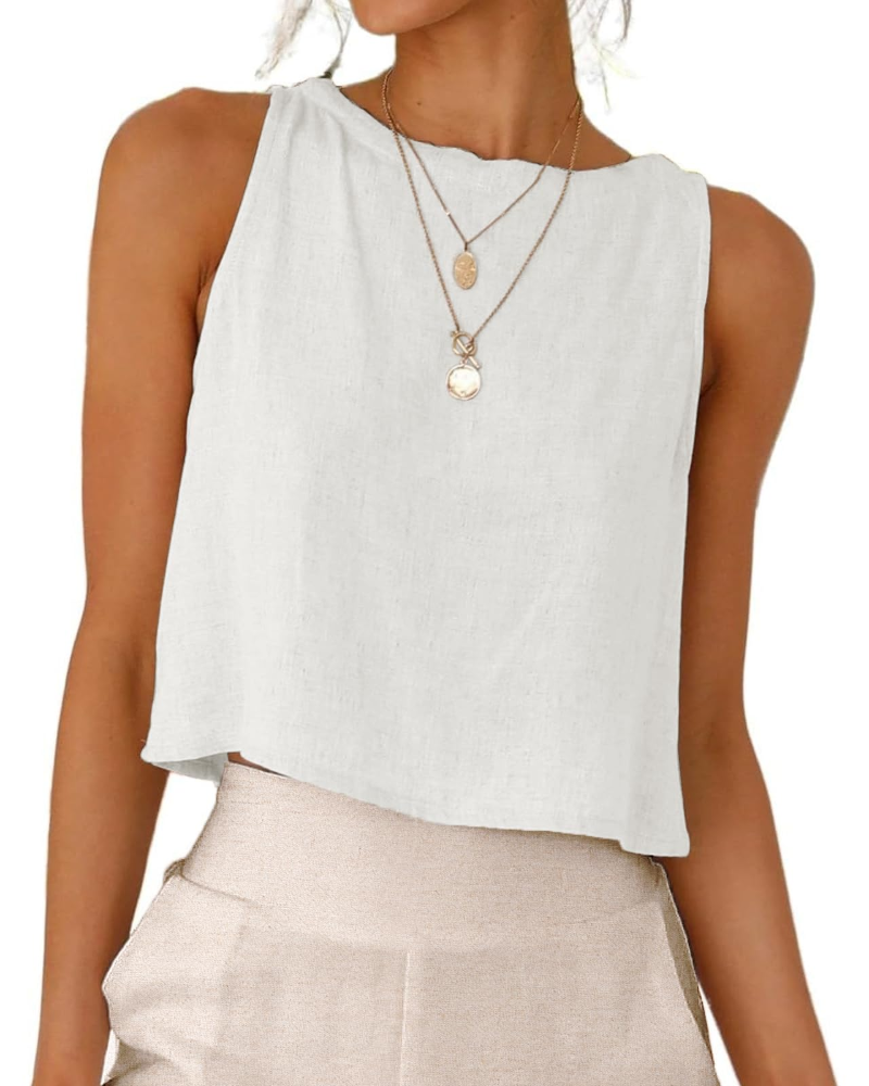 Sienna Top Femme en Lin – Blouse Courte Sans Manches avec Boutons Dos Élégants
