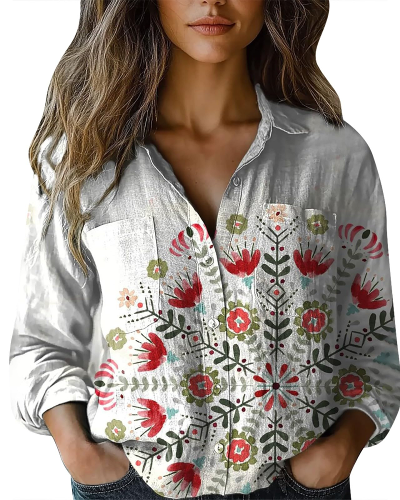 Amelia Blouse Femme Été – Lin Fleuri Col V Boutonnée Manches Longues