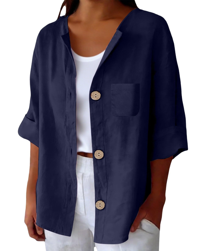 Claire Blouse Femme – Lin Col Rond Manches 3/4 Boutonnée & Poche