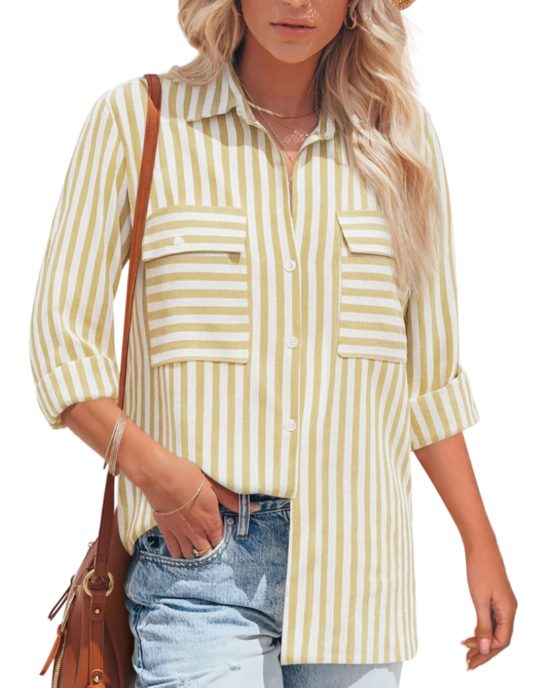 Mila Blouse Femme – Rayée Coton Col V Boutonnée Manches Longues