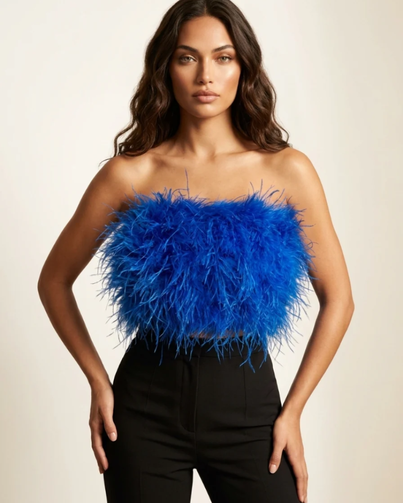 Calista női top – Pánt nélküli tollas bandeau top, elegáns szabás estélyekre