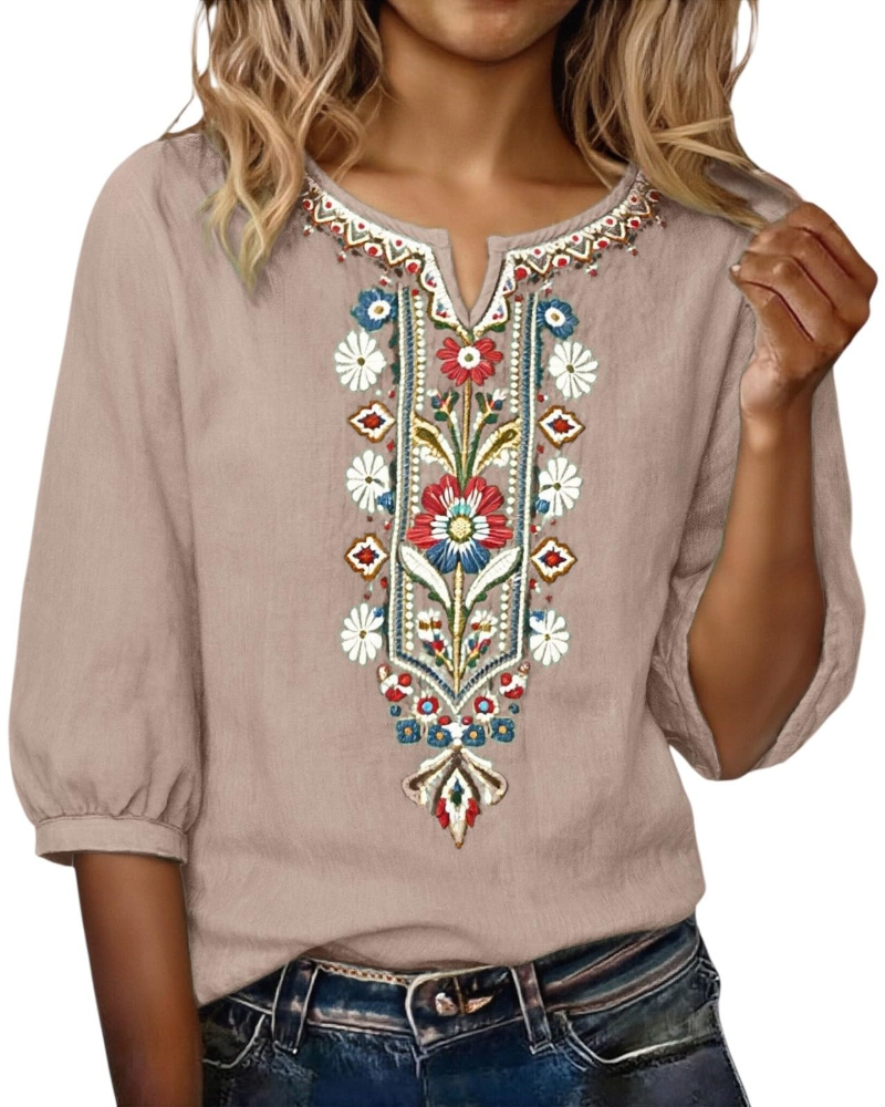 Sarah Blouse Femme Été – Lin Coton Broderie Florale Col V