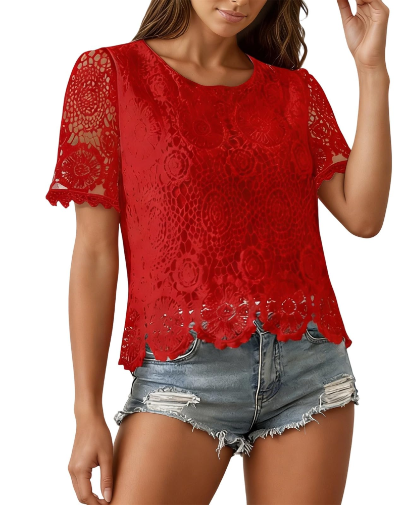 Sophie Blouse Femme Été – Dentelle Col Rond Manches Volantées