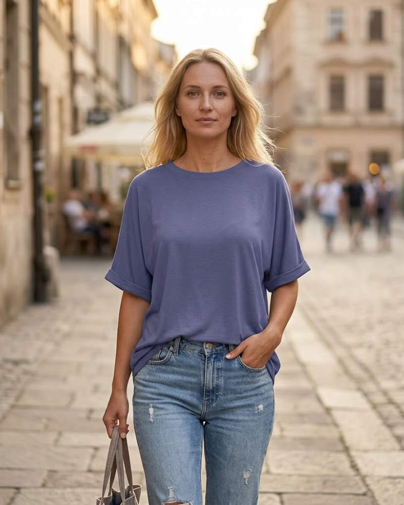 Laura T-Shirt Damen Oversize – Tunika Rundhalsausschnitt Kurzarm Top Sommer Schick